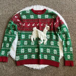 33Degrees Llama Christmas Sweater Womens Size Large Red Green Snowflakes Holiday